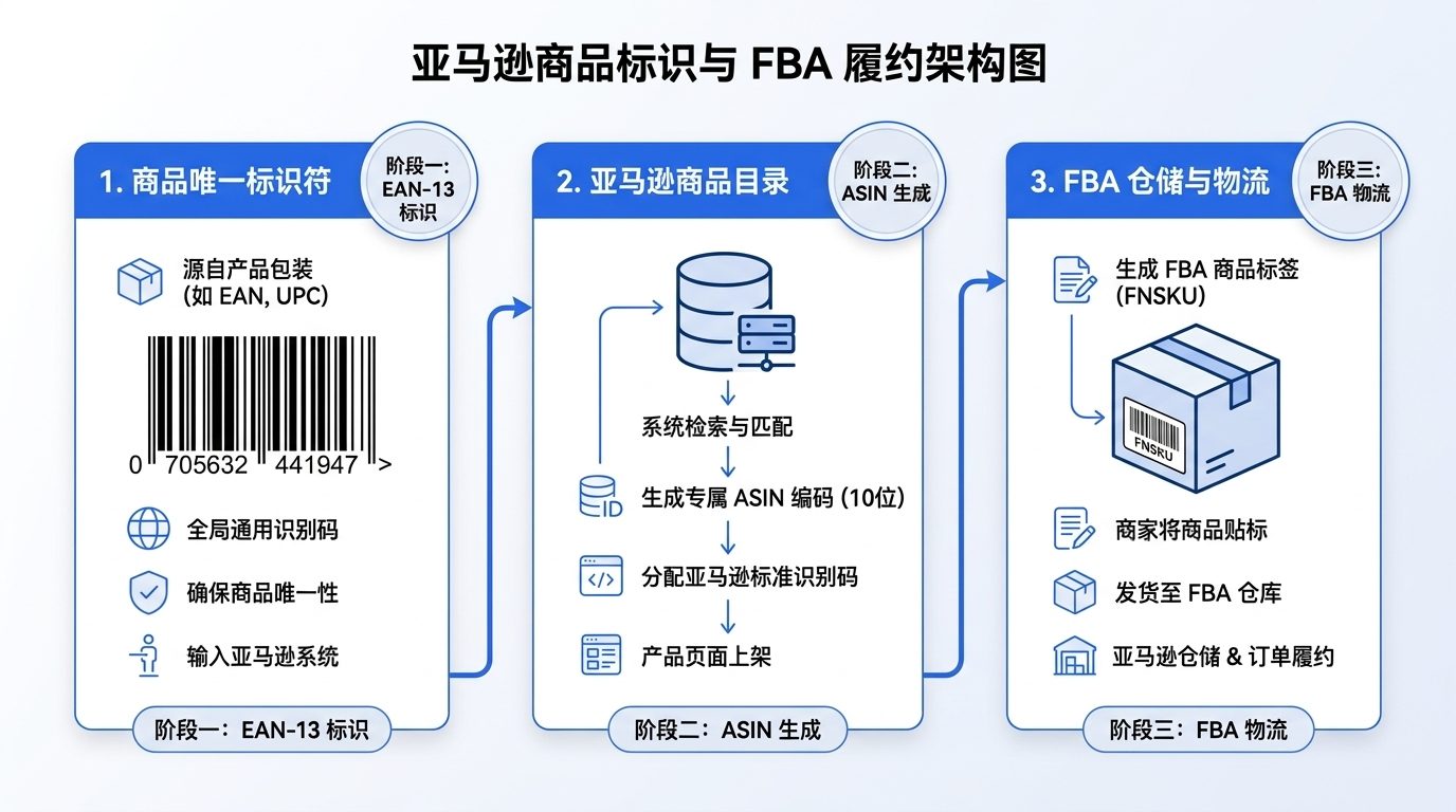 亚马逊电商商品识别与FBA物流仓储架构图：EAN/UPC商品编码创建ASIN并关联FNSKU库存标签全流程
