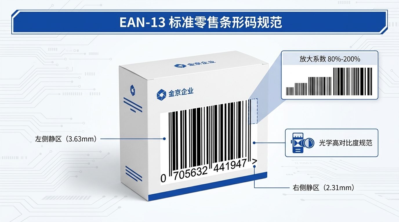 EAN-13国际标准条形码包装印刷规范：左右空白静区、80%至200%缩放比例及光学反差标准对照图