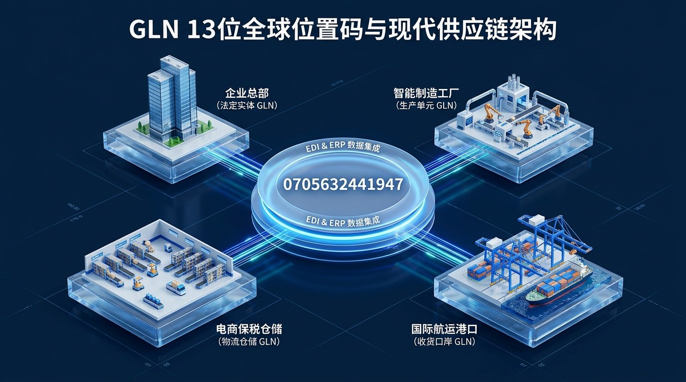 GLN全球位置码13位企业地址架构图：企业总部、智能工厂、电商保税仓与国际口岸EDI数据交换全景